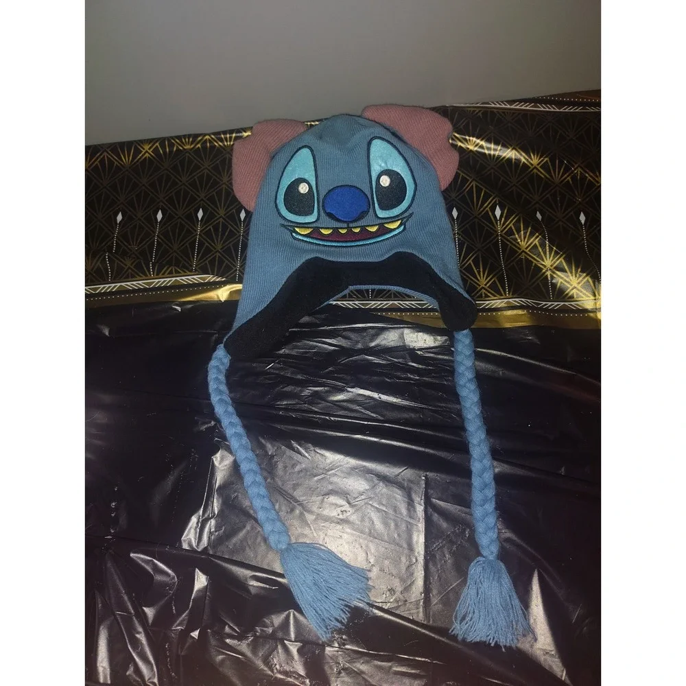 Disney Lilo & Stitch Blue Knit Laplander Beanie Hat with Ears and Braids
